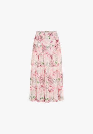 Blomstret maxiskørt med en lyserød baggrund, der har flerfarvede blomstermønstre, plisseret design og elastisk talje for komfort.