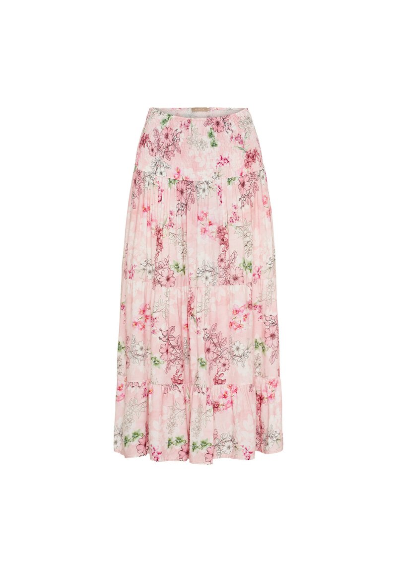 Blomstret maxiskørt med en lyserød baggrund, der har flerfarvede blomstermønstre, plisseret design og elastisk talje for komfort.