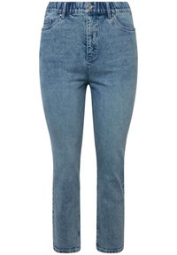 Vaaleansiniset farkut suoran lahkeen muotoilulla, puolikorkea vyötärö ja yksi nappikiinnitys. Sisältää hienovaraista kulumista ja klassista ompelua.