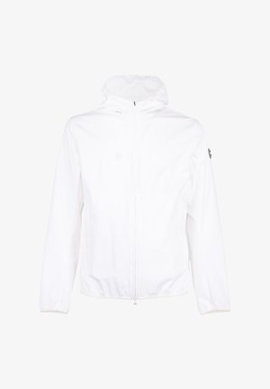 Witte capuchonjas met lange mouwen, een ritssluiting aan de voorkant en elastische manchetten, met een klein rond logo op de bovenkant van de linker mouw.