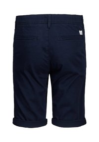 Shorts in cotone blu navy con una texture liscia, dotati di due tasche posteriori, orli arrotolati e un'etichetta del marchio sulla vita.