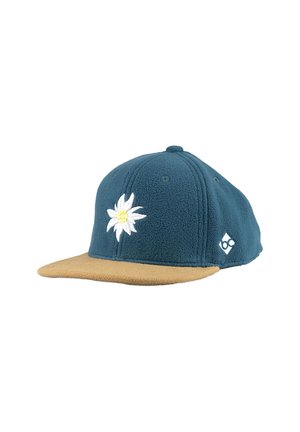 Teal fleece cap with a tan suede brim. Features an embroidered white flower and yellow center on the front, with a small logo detail on the side.