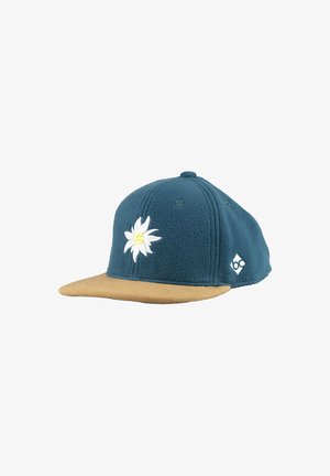 Teal fleece cap with a tan suede brim. Features an embroidered white flower and yellow center on the front, with a small logo detail on the side.
