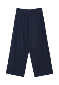 Marinefarbene weite Hose mit hoher Taille, mit Falten an der Vorderseite und einer glatten Textur. Schlichte, gesäumte Säume ohne Muster.