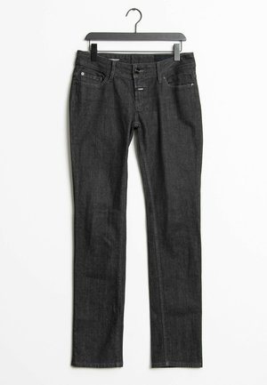 Black straight-leg jeans made of denim, featuring five pockets, a zip fly, and subtle stitching details. Smooth texture, classic design.
