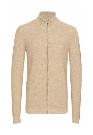 Bege zip-up tröja, texturerad stickad tyg, hög krage, långa ärmar, figursydd design. Främre dragkedjestängning, minimalistisk stil.