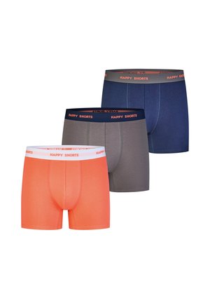 Drei Paar Herrenboxershorts in Orange, Grau und Marineblau, jeweils mit einem Bund, der in kontrastierenden Farben mit "HAPPY SHORTS" beschriftet ist.