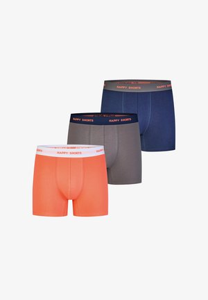 Drei Paar Herrenboxershorts in Orange, Grau und Marineblau, jeweils mit einem Bund, der in kontrastierenden Farben mit "HAPPY SHORTS" beschriftet ist.