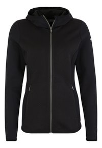 Felpa con zip nera, con un tessuto texture sulla parte anteriore superiore, maniche lisce e cappuccio. Presenta una cerniera metallica e tasche laterali.