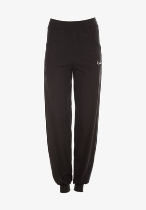 Black jogger pants made from soft fabric, featuring a wide elastic waistband, two side pockets, and ribbed cuffs at the ankles.