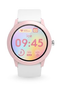 Ronde smartwatch met een roze metalen rand en een witte siliconen band. Het display toont tijd, hartslag, calorieën, temperatuur en kleurrijke pictogrammen.