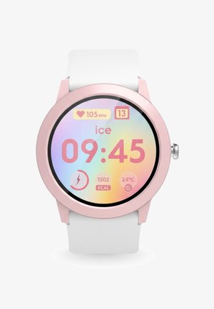 Ronde smartwatch met een roze metalen rand en een witte siliconen band. Het display toont tijd, hartslag, calorieën, temperatuur en kleurrijke pictogrammen.