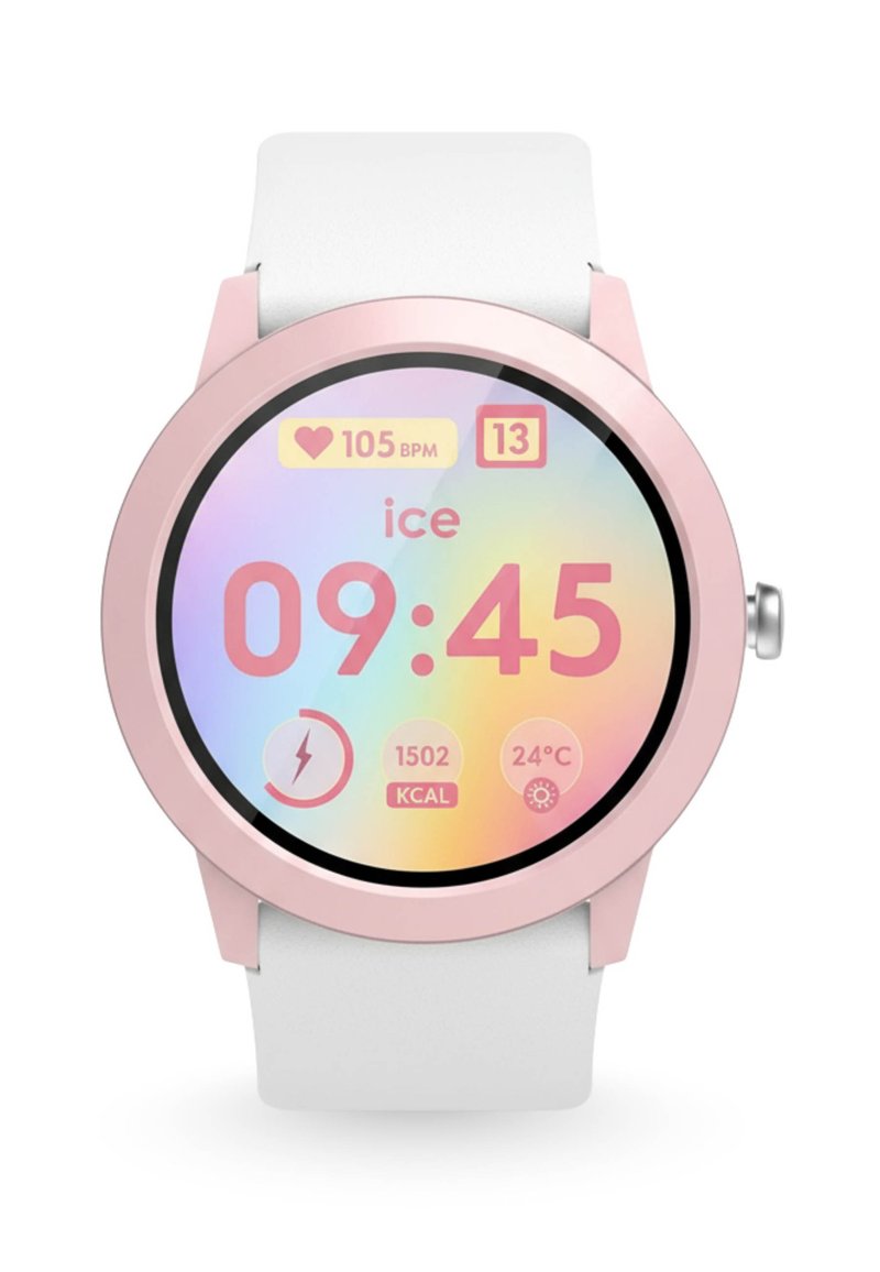 Ronde smartwatch met een roze metalen rand en een witte siliconen band. Het display toont tijd, hartslag, calorieën, temperatuur en kleurrijke pictogrammen.