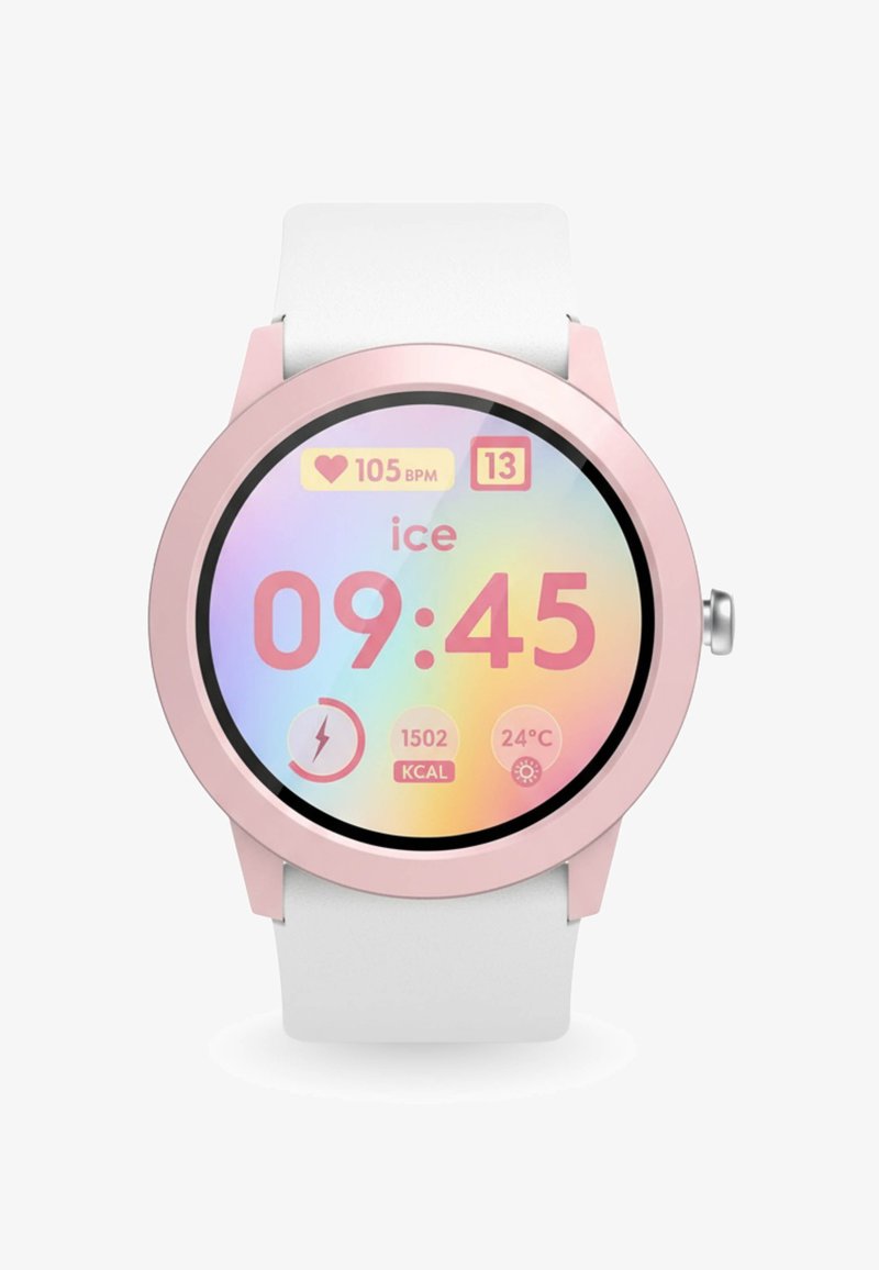 Ronde smartwatch met een roze metalen rand en een witte siliconen band. Het display toont tijd, hartslag, calorieën, temperatuur en kleurrijke pictogrammen.
