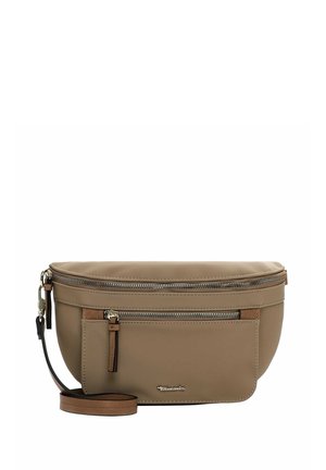 Light brown crossbody bag with a smooth texture, featuring a main zip compartment, front pocket, and adjustable strap. Gold-tone hardware accents.