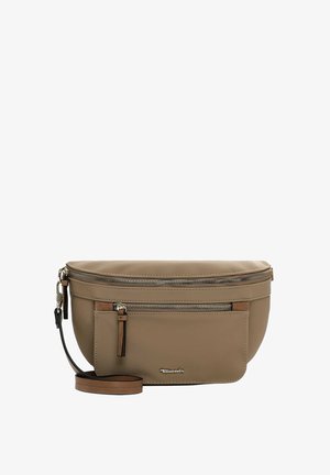 Light brown crossbody bag with a smooth texture, featuring a main zip compartment, front pocket, and adjustable strap. Gold-tone hardware accents.