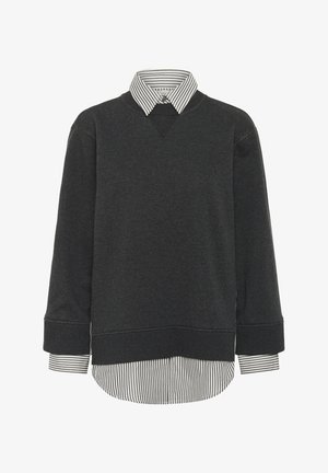 Temno siva kapuca s krojem v-izreza, pod katero je vidna črtasta srajca s kragnico. Mehka tkanina, sproščen kroj in dolgi rokavi.