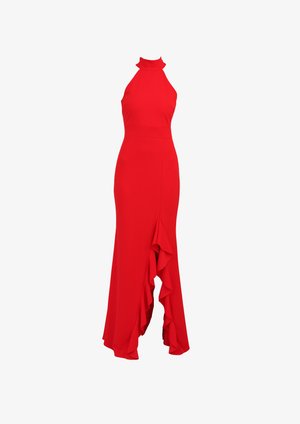 Red halter-neck dress with a fitted bodice and flared ruffle hem. Made from a smooth fabric, featuring a sleek silhouette.