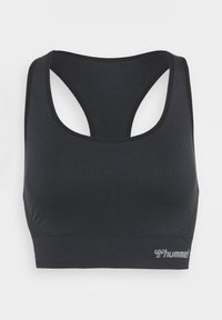 Zwarte naadloze sportbeha met racerback-ontwerp en klein wit hummel-logo op de onderste rechterband.