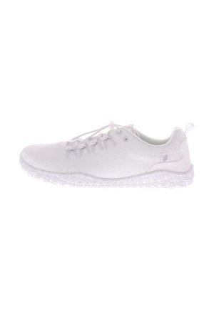 White lightweight athletic shoe with textured sole, knit upper, and pull tab at heel, shown in side profile facing left.