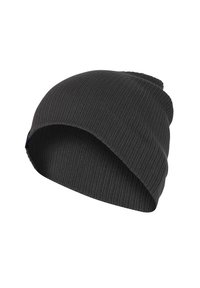 Dark gray knit beanie with a ribbed texture, featuring a fold-over cuff and smooth finish. Durable fabric for warmth and comfort.