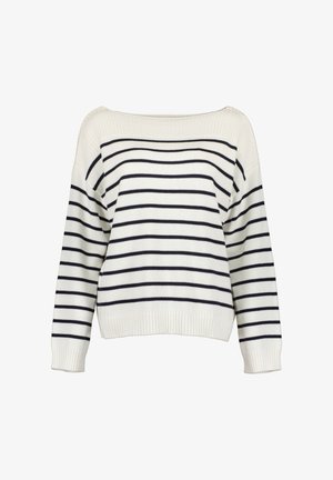 Witte trui met horizontale marineblauwe strepen, brede halslijn, lange mouwen en ribben aan de manchetten en onderkant. Zachte textuur en ontspannen pasvorm.