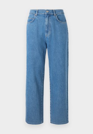 Jeans de ganga azuis com um ajuste relaxado, pernas retas, cinco bolsos e fecho de botão na cintura. Sem padrões ou acentos visíveis.