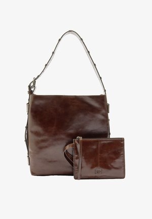 Ciemnobrązowa skórzana torba na ramię o gładkiej fakturze z odczepianą portmonetką na zamek. Posiada prosty, duży design oraz cienki pasek.
