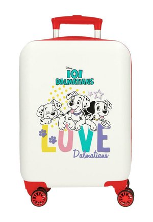 Maleta blanca con asa y ruedas rojas, con cachorros de 101 dálmatas sobre el texto colorido "LOVE" y huellas de patas.