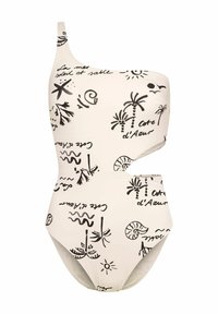 Jednoczęściowy biały strój kąpielowy na jedno ramię z czarnymi, ręcznie rysowanymi tropikalnymi wzorami i wycięciami po bokach. Gładki, elastyczny materiał.