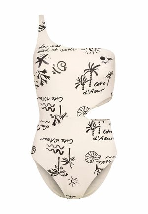 Einseitiger weißer Badeanzug mit schwarzen, handgezeichneten, tropischen Mustern und Aussparungen an der Seite. Glatter, elastischer Stoff.