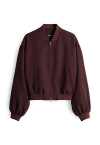 Giacca bomber bordeaux con zip frontale, polsini e orlo a costine; presenta due tasche laterali e un tessuto liscio e strutturato.
