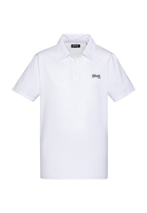 Camisa polo blanca de manga corta con cuello, tapeta de tres botones y pequeño logo "Schott NYC" en negro y rojo en el lado izquierdo del pecho.