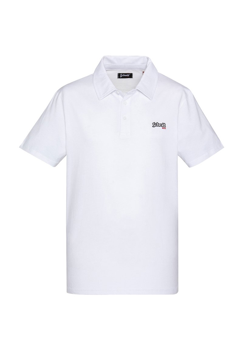 Camisa polo blanca de manga corta con cuello, tapeta de tres botones y pequeño logo "Schott NYC" en negro y rojo en el lado izquierdo del pecho.