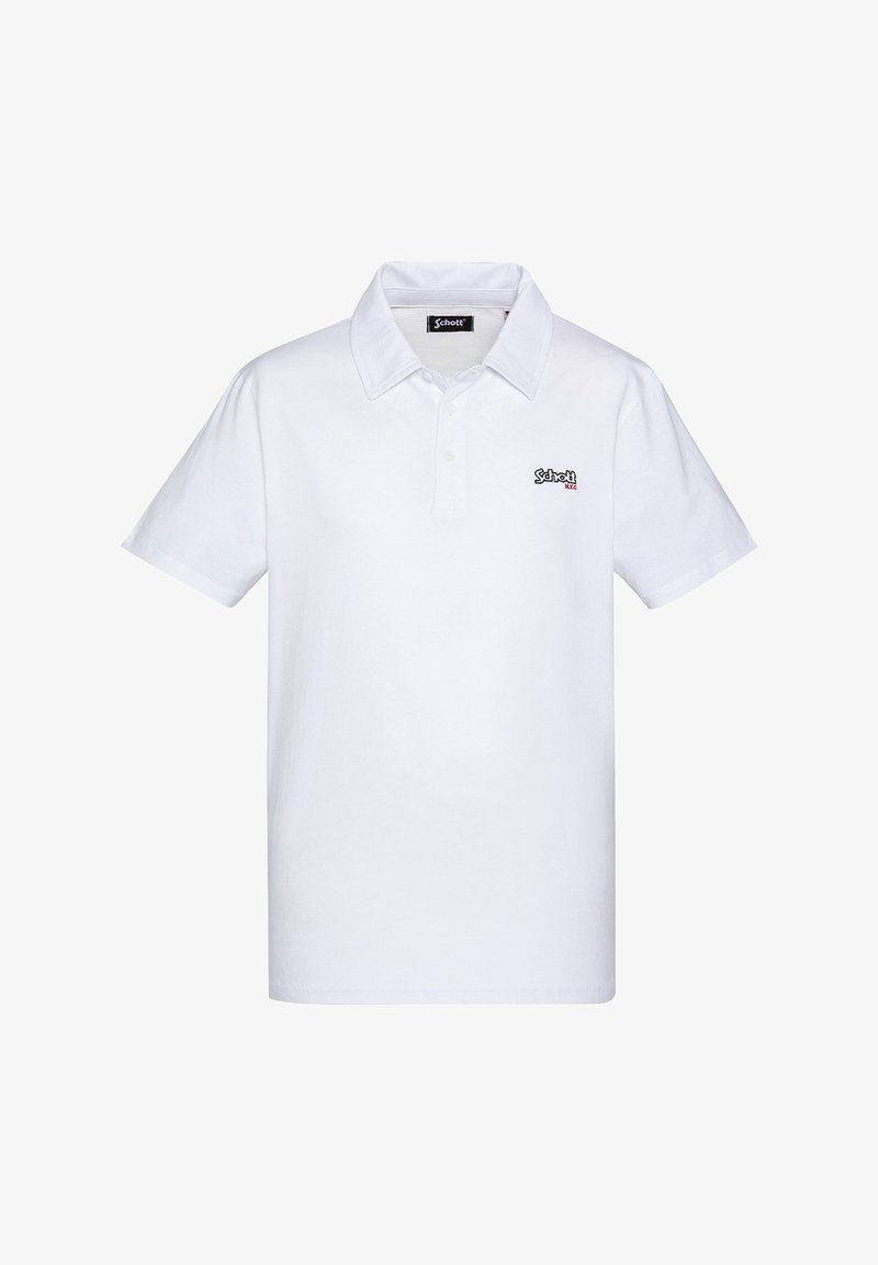 Camisa polo blanca de manga corta con cuello, tapeta de tres botones y pequeño logo "Schott NYC" en negro y rojo en el lado izquierdo del pecho.