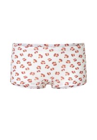 Boxer shorts made of soft fabric with a white base featuring a scattered pink and orange leopard print pattern. Elastic waistband included.