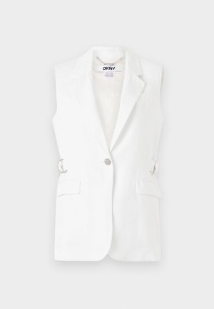 Blazer bianco senza maniche con chiusura a un bottone, due tasche frontali e dettagli in metallo argentato sui lati. Tessuto liscio e leggero.