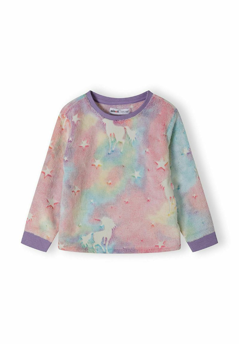 Fleece Langarmshirt mit einem pastellfarbenen Aquarelldesign, das Einhörner und Sternmuster zeigt. Der lilafarbene Rippkragen und die Bündchen erhöhen den Tragekomfort.