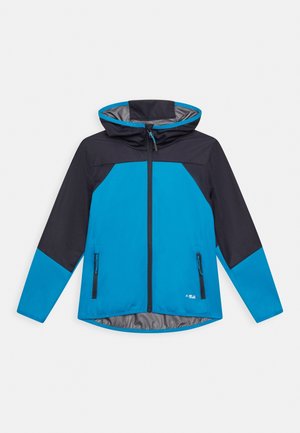 Kapturowana kurtka w niebiesko-czarnym wzorze kolorystycznym. Posiada zamek błyskawiczny z przodu, dwie boczne kieszenie oraz lekką, teksturowaną tkaninę.