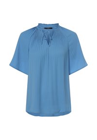 Blauwe blouse met een hoge halslijn, geplooid ontwerp en korte, zwierige mouwen. Zachte stof met een ontspannen pasvorm en een strikdetail bij de hals.