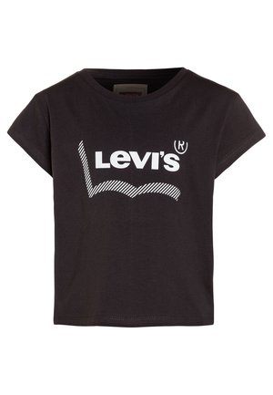 T-shirt noir à manches courtes avec logo Levi's blanc et motif ondulé rayé sur le devant.