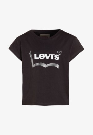 T-shirt noir à manches courtes avec logo Levi's blanc et motif ondulé rayé sur le devant.