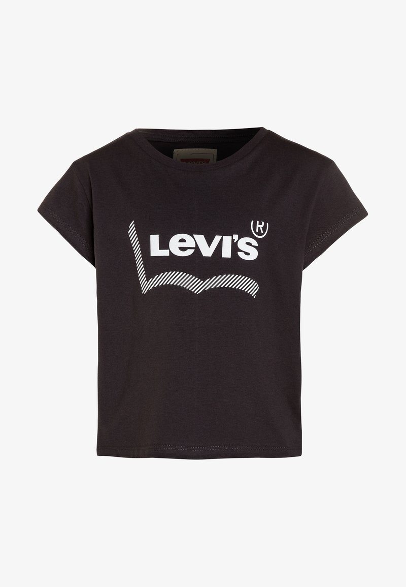 T-shirt noir à manches courtes avec logo Levi's blanc et motif ondulé rayé sur le devant.
