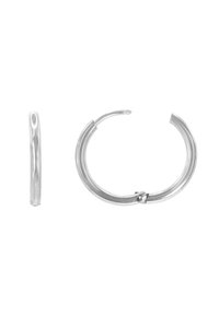 Orecchini a cerchio in argento con una finitura liscia e lucida e una chiusura a cerniera sicura. Il design è minimalista e di forma circolare.