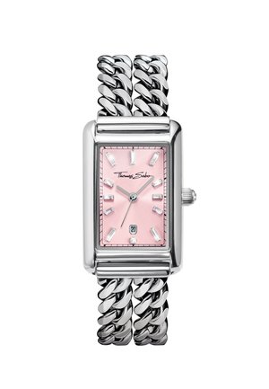 Orologio rettangolare in argento con quadrante rosa, indici delle ore in cristallo, datario e bracciale a doppia maglia spessa.
