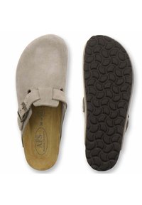 Light grey suede slip-on sandals with a single adjustable buckle and a textured black rubber sole. Interior features a cushioned footbed.