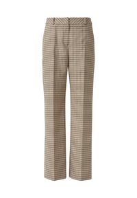 Pantaloni a quadri beige con un motivo a griglia scura. Presentano una vestibilità dritta, una parte anteriore piatta e passanti per la cintura. Realizzati in tessuto tessuto.