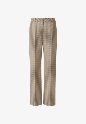 Pantaloni a quadri beige con un motivo a griglia scura. Presentano una vestibilità dritta, una parte anteriore piatta e passanti per la cintura. Realizzati in tessuto tessuto.