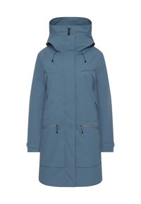 Blå vattentät jacka med hög krage, justerbar huva och två framfickor med dragkedja. Tillverkad av lätt, slätt tyg.