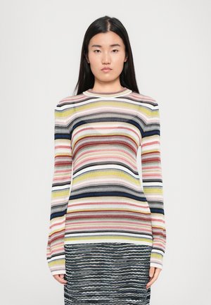 Long-sleeve ribbed sweater featuring horizontal multicolored stripes in pink, yellow, black, and white. Soft texture, crew neck design.